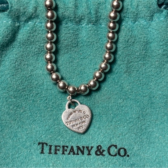 Authentic Tiffany & Co. 4mm Bead Bracelet w/ Mini Silver Heart Tag 6.25” - Picture 2 of 7